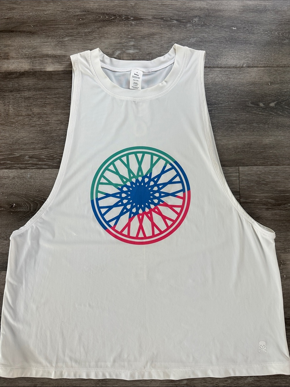 Soul Cycle White Racer Muscle Tank with Multicolor Wheel Graphic